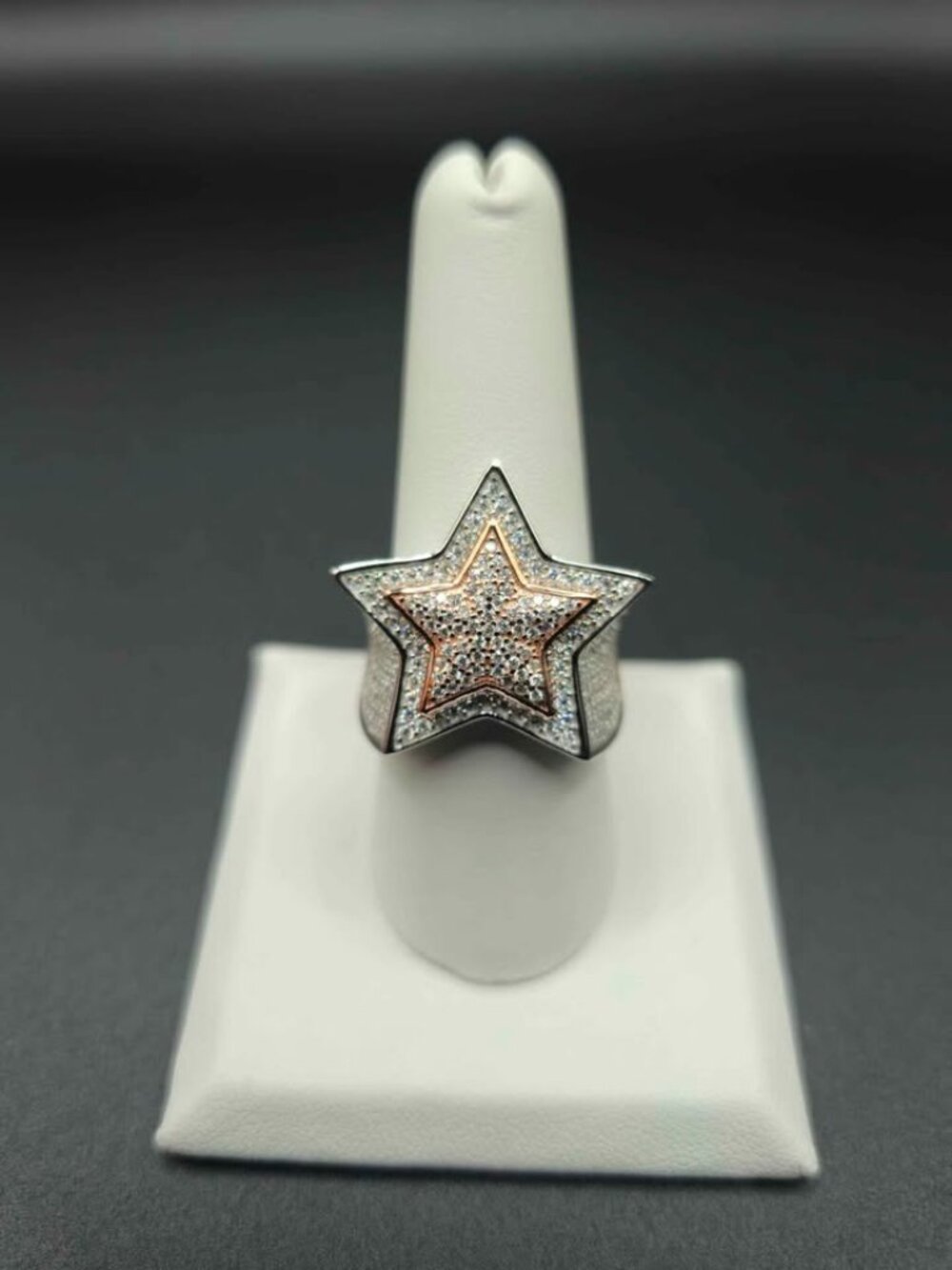 Moissanite Two-Tone Star Statement Ring .925 Silver 12.7g Sz 9
